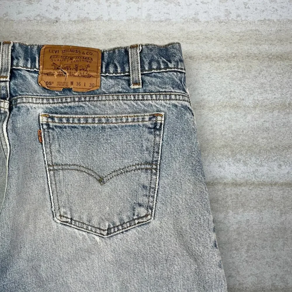 Vintage 90s Levis Jeans 505 36x30 Regular Straight Leg Fit Light Wash Orange Tab